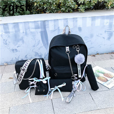 Backpack Canvas 5pcs sets Chain USB Women Backpack Teenager Shoulder Bag Student School Bags